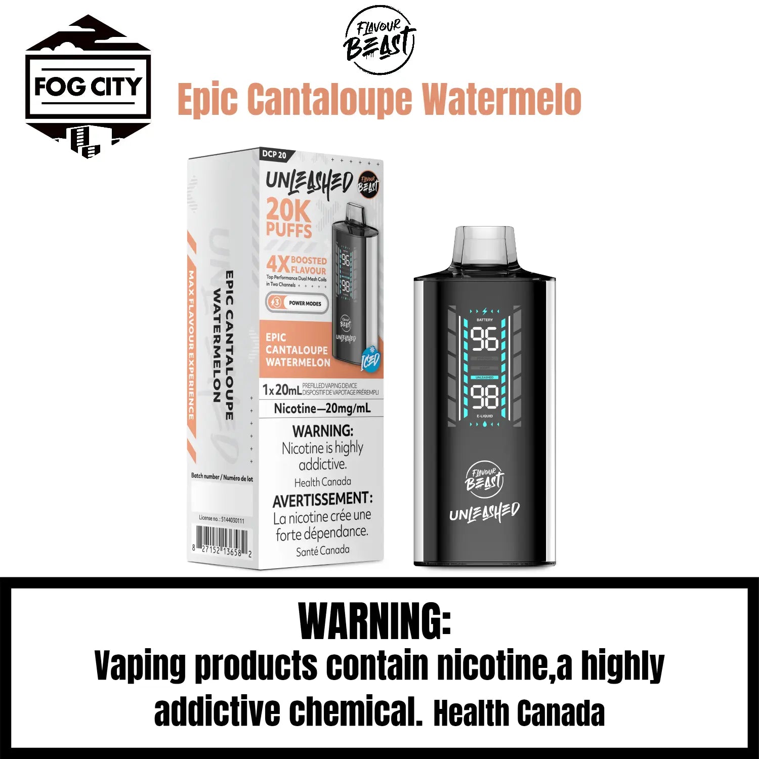 FLAVOUR BEAST Dcp Disposable Vape Fog City FLAVOUR Epic Cantaloupe Watermelo