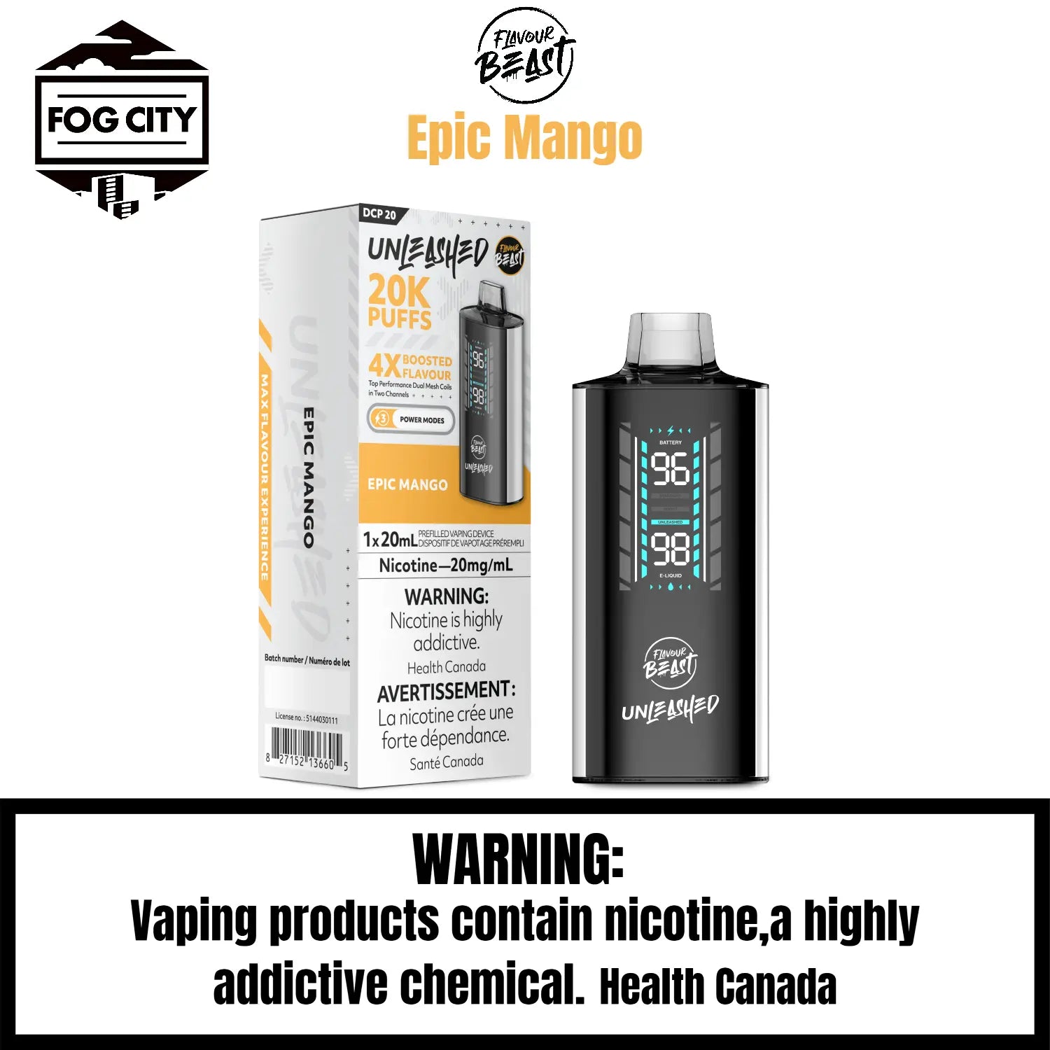 FLAVOUR BEAST Dcp Disposable Vape Fog City FLAVOUR Epic Mango