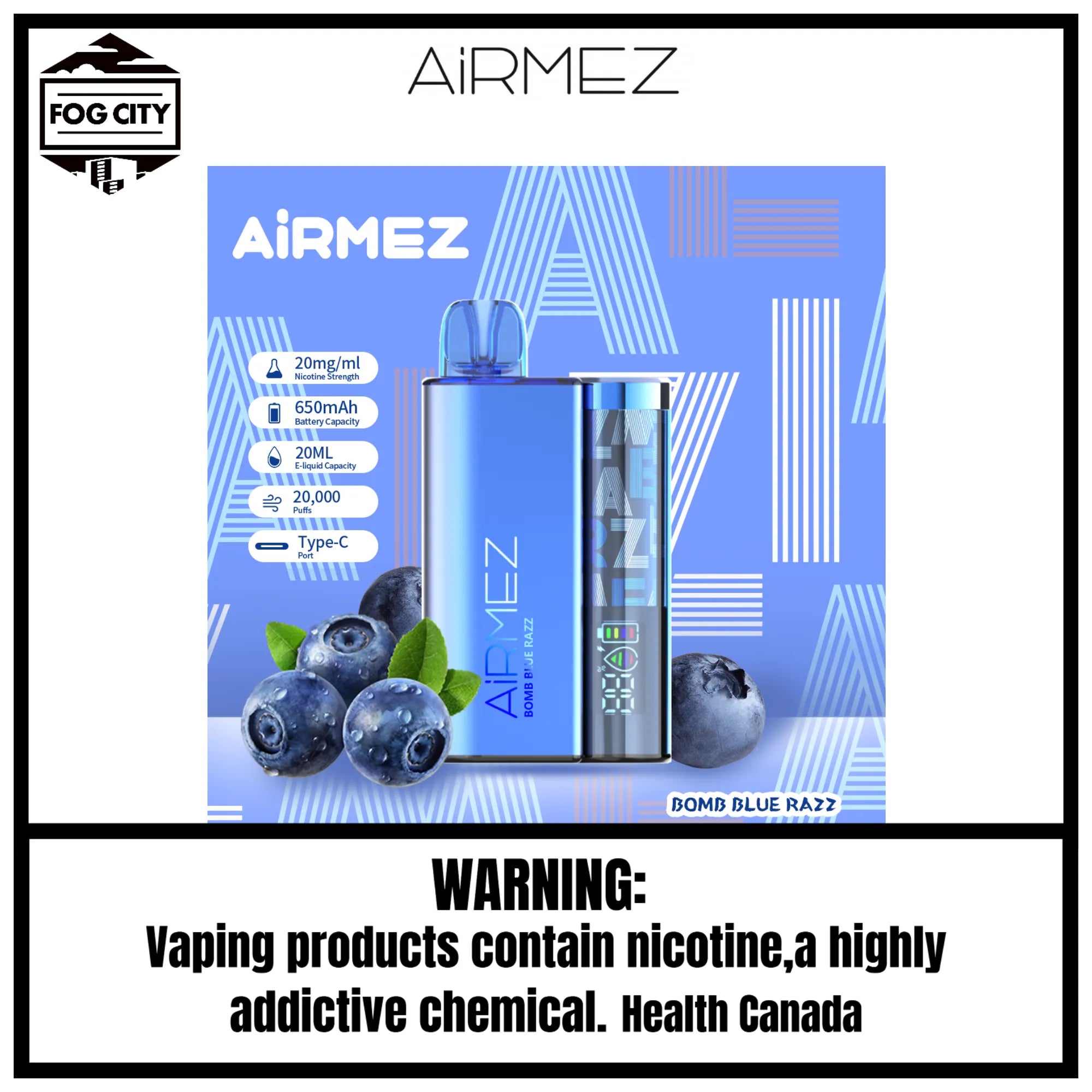 Fog City Vape Shop Airmez Bomb Blue Razz 1 Disposable Vape 20k Puffs