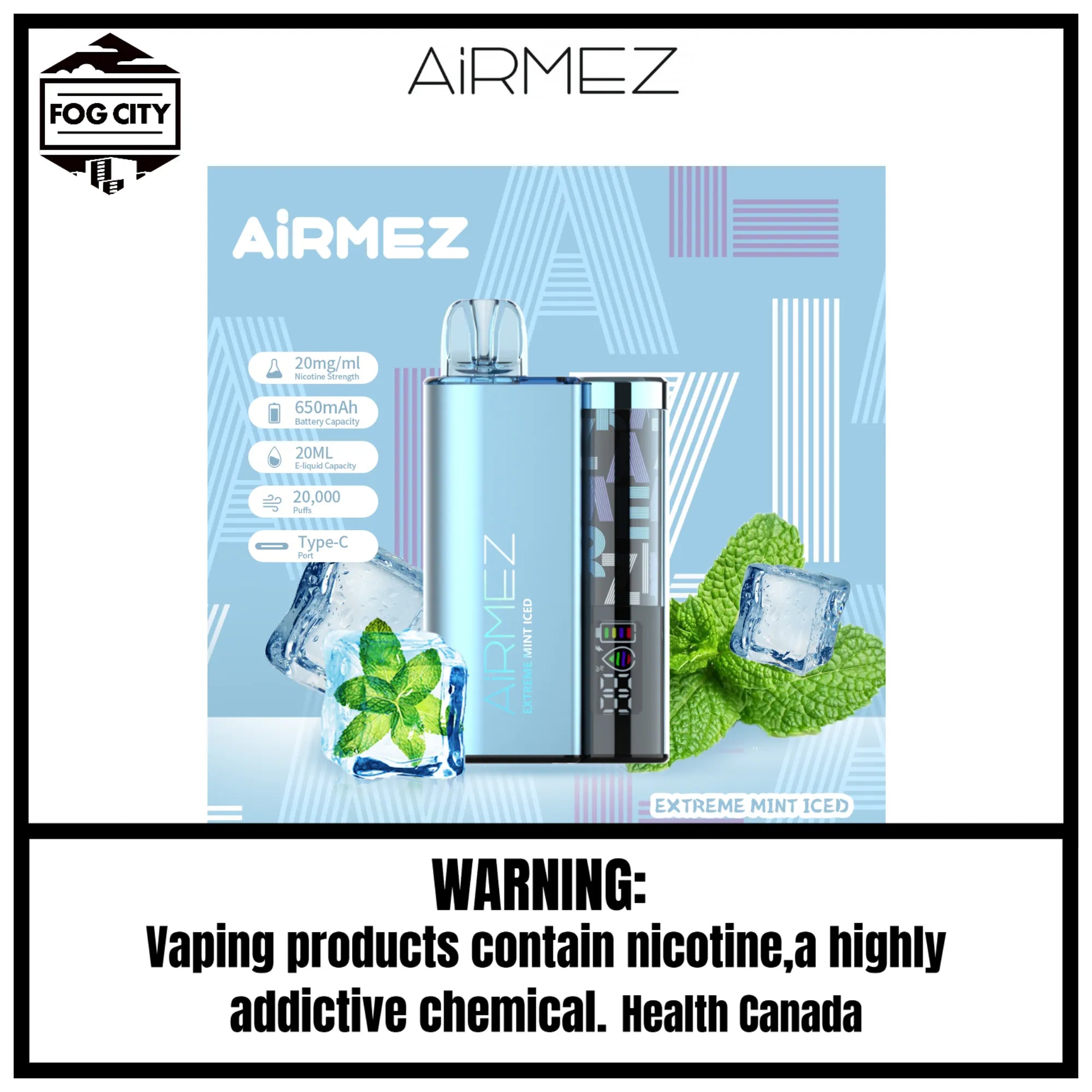 Fog City Vape Shop Airmez Extreme Mint Iced 3 Disposable Vape 20k Puffs