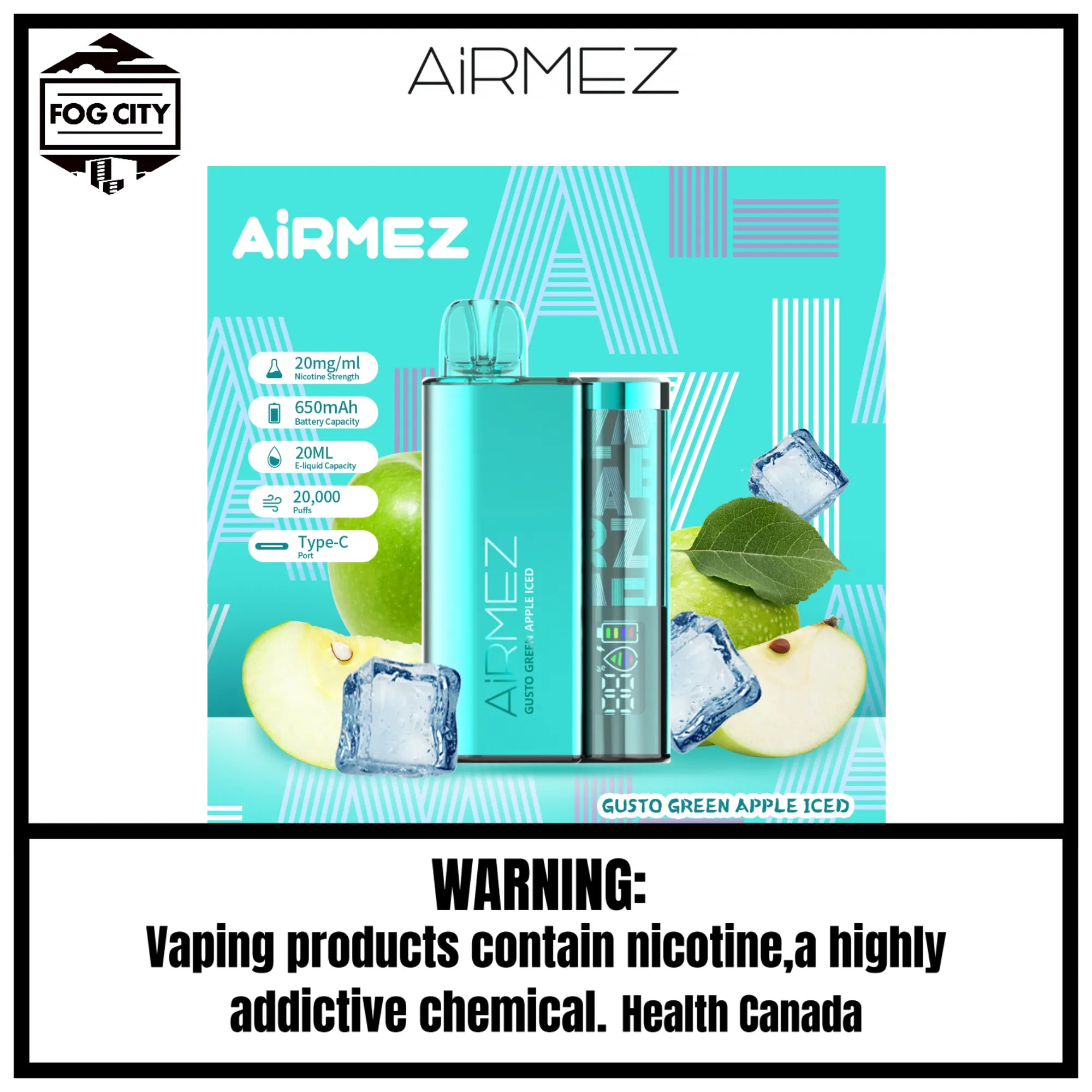 Fog City Vape Shop Airmez Gusto Green Apple Iced 8 Disposable Vape 20k Puffs