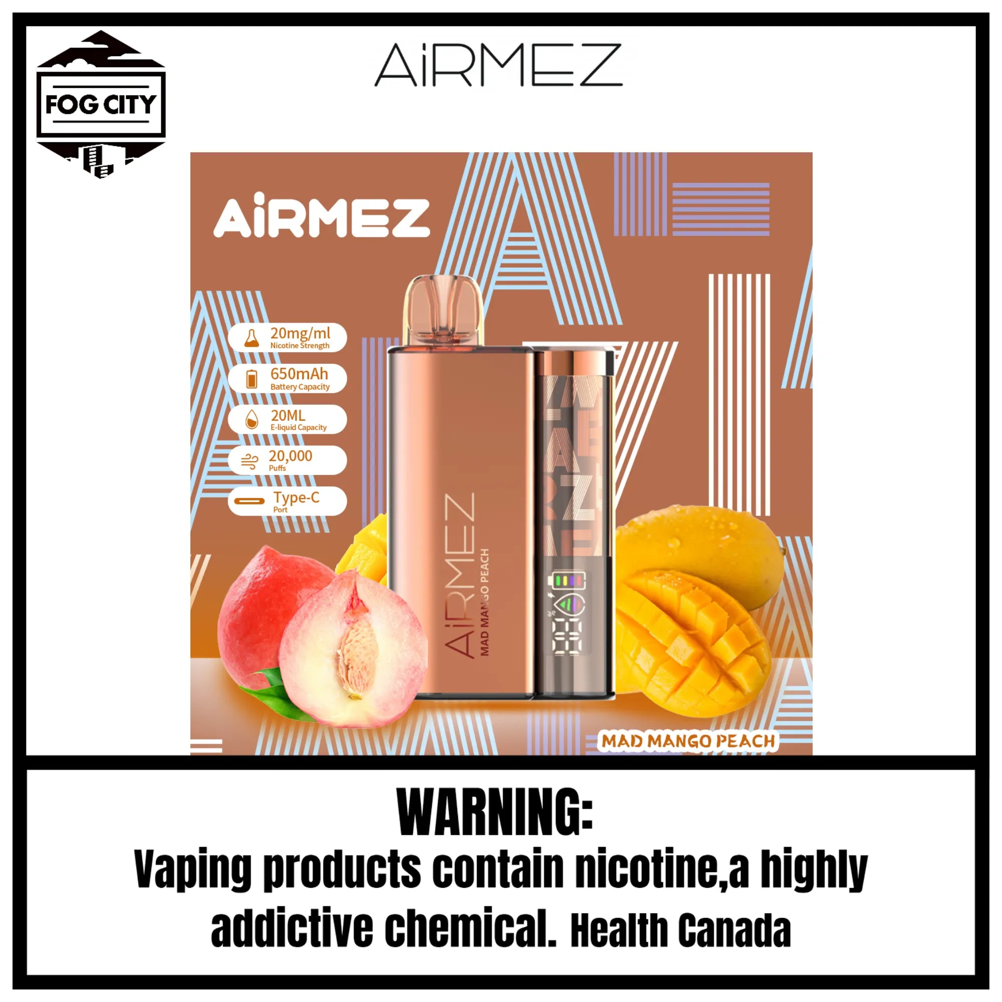 Fog City Vape Shop Airmez Mad Mango Peach 5 Disposable Vape 20k Puffs