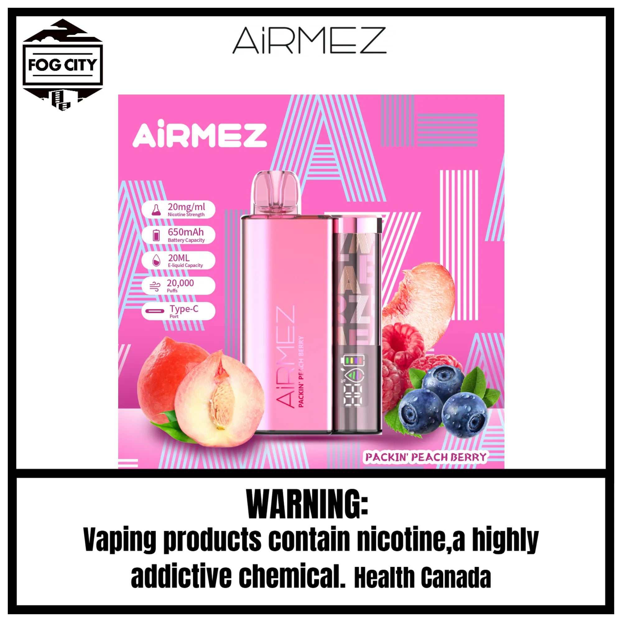 Fog City Vape Shop Airmez Packin Peach Berry 7 Disposable Vape 20k Puffs