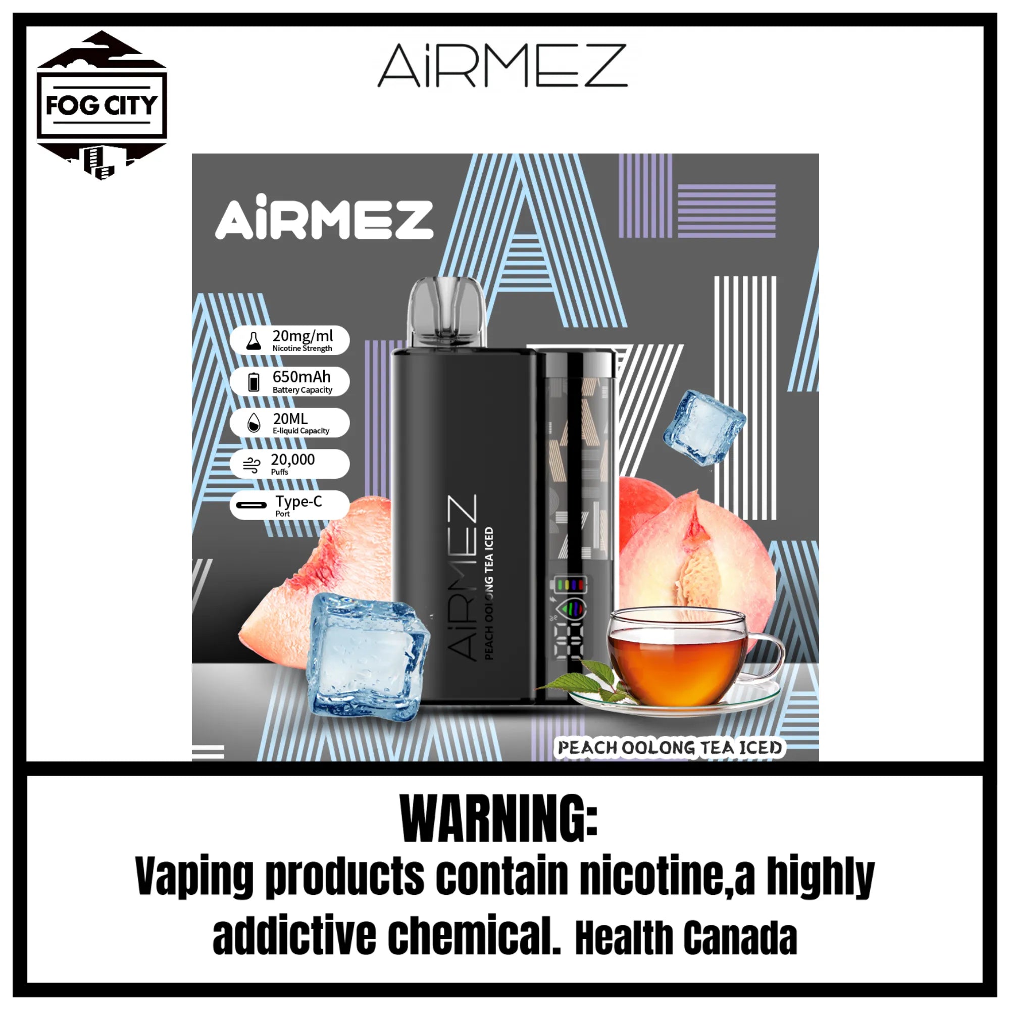 Fog City Vape Shop Airmez Peach Oolong Tea Iced 4 Disposable Vape 20k Puffs