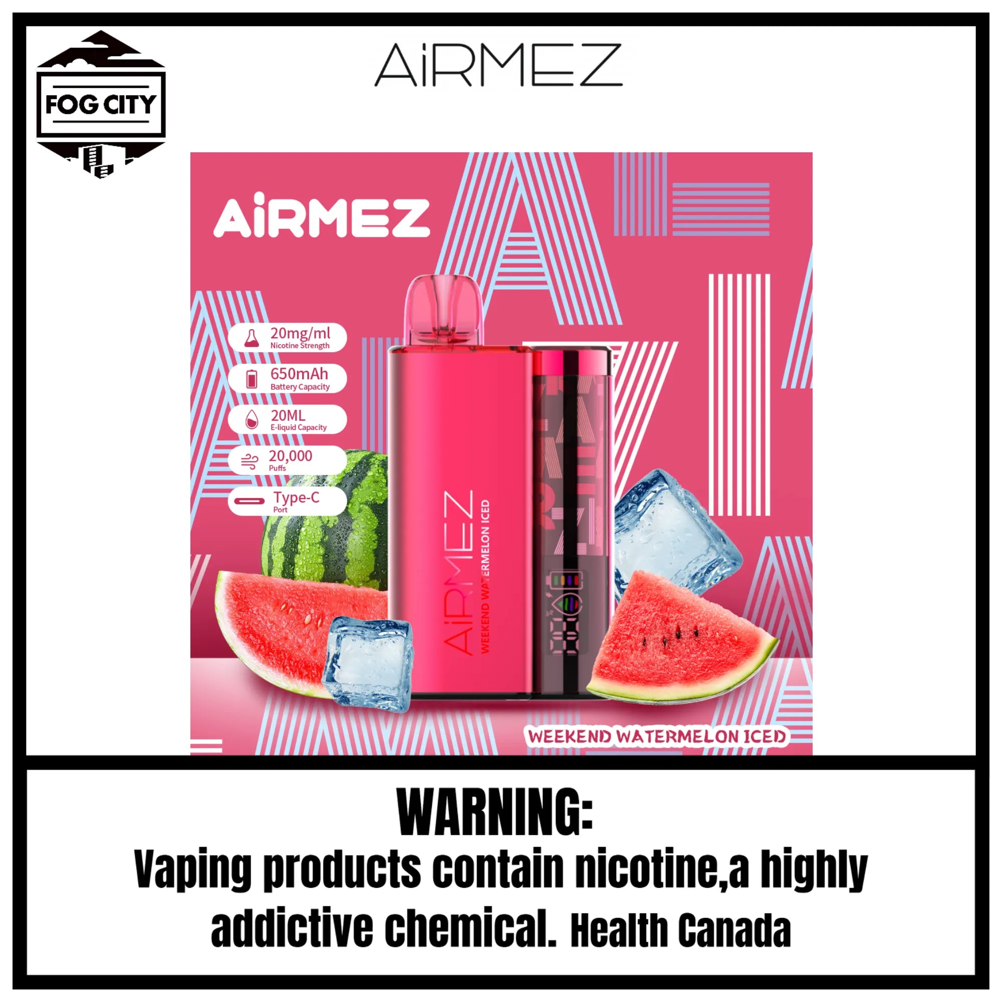 Fog City Vape Shop Airmez Weekend Watermelon Iced 10 Disposable Vape 20k Puffs