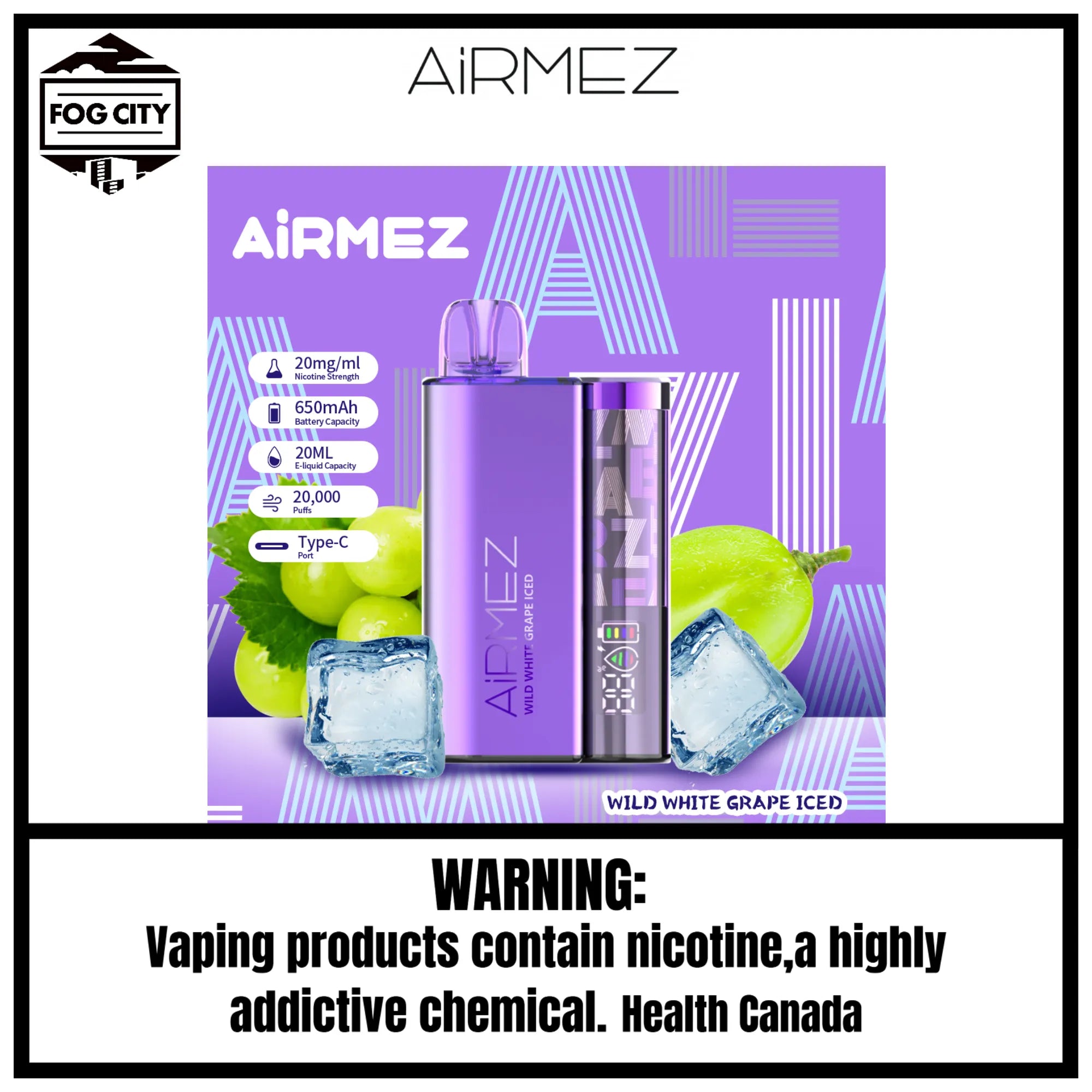 Fog City Vape Shop Airmez Wild White Grape Iced 9 Disposable Vape 20k Puffs