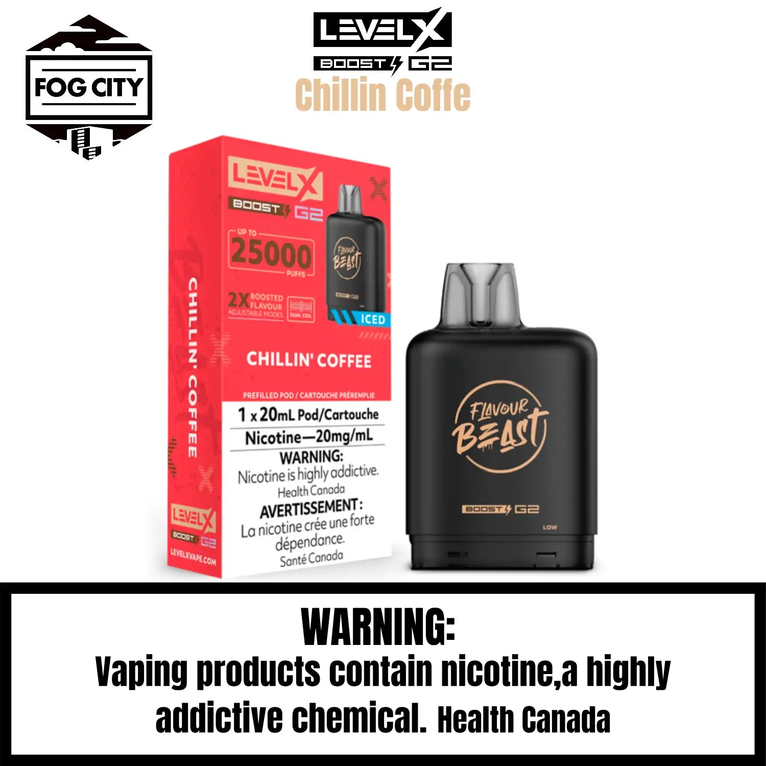 Level X Boost G2 Pod Flavor-Chillin' Coffee Iced -Experience the bold, robust flavor of iced coffee, perfectly chilled to deliver a refreshing sensation with every sip.