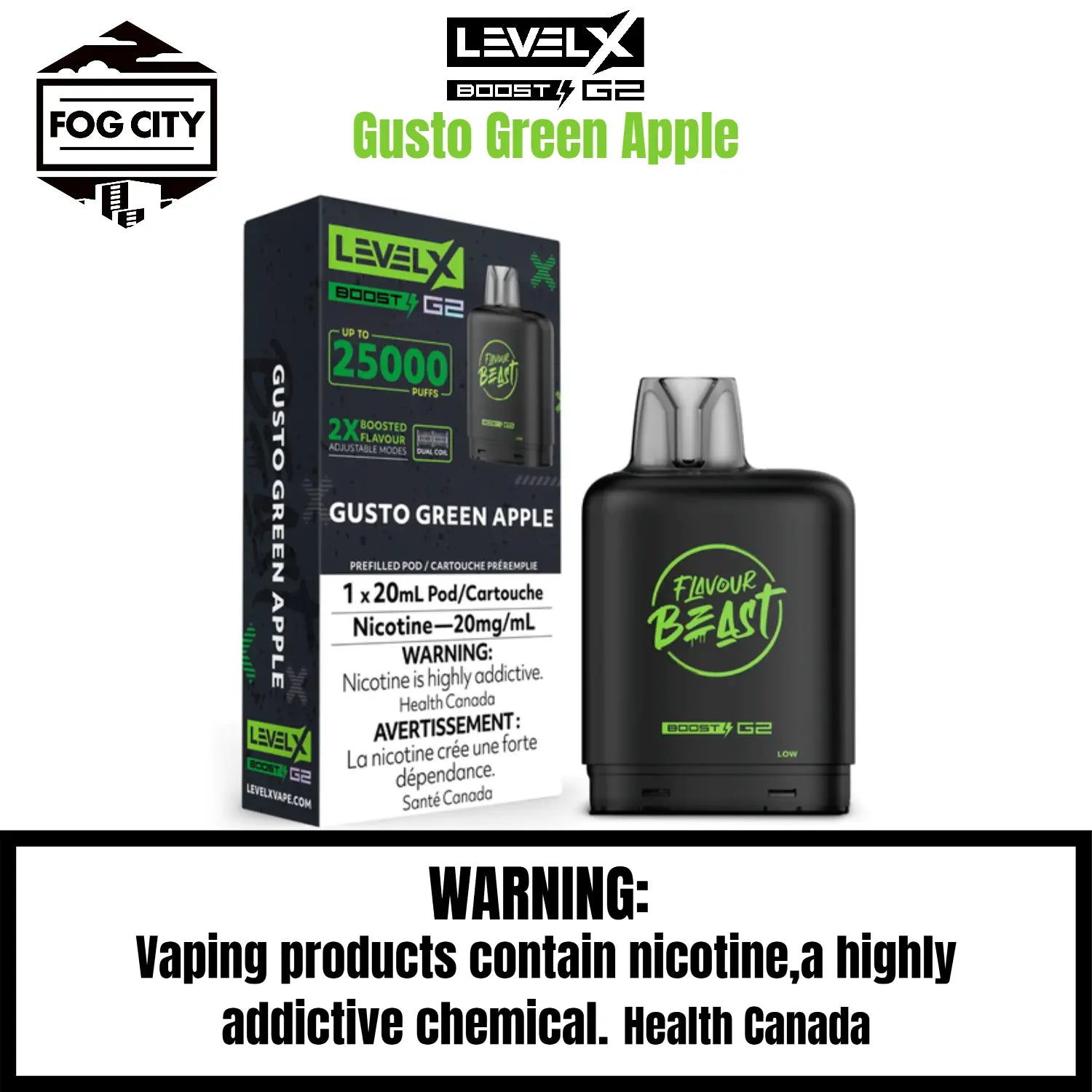 Level X Boost G2 Pod Flavor-Gusto Green Apple -Indulge in the irresistible flavor of crisp green apple slices, a delight so satisfying you'll find yourself returning for more!