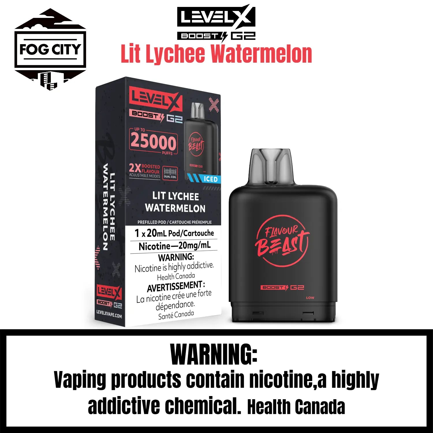 Level X Boost G2 Pod Flavor-Lit Lychee Watermelon -Experience a burst of flavor with every bite as succulent lychee meets the crisp refreshment of juicy watermelon!