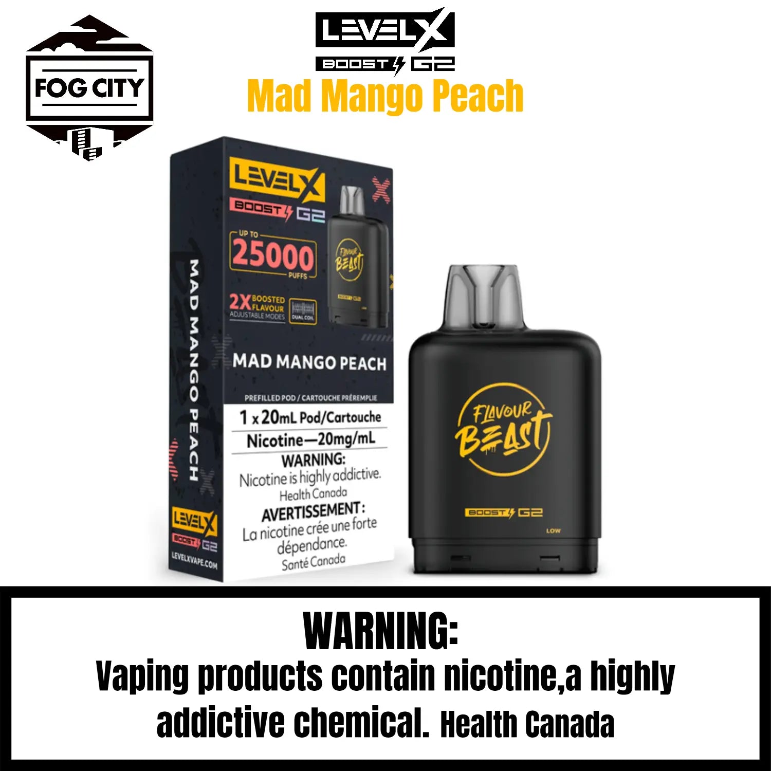 Level X Boost G2 Pod Flavor-Mad Mango Peach -Experience the irresistible fusion of luscious mangoes and vibrant peaches that will tantalize your taste buds!