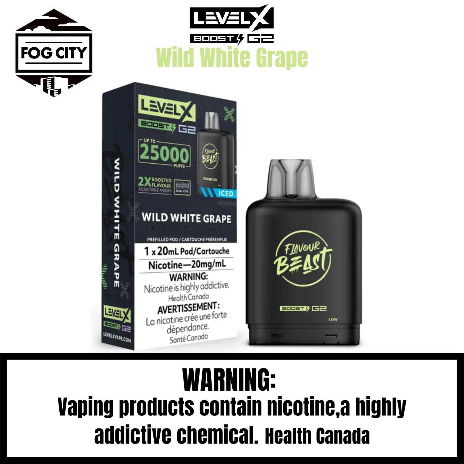 Level X Boost G2 Pod Flavor-Wild White Grape Iced -Discover the irresistible allure of our luscious white grapes! Bursting with flavor and refreshingly wild, these grapes are a true delight for your taste buds!