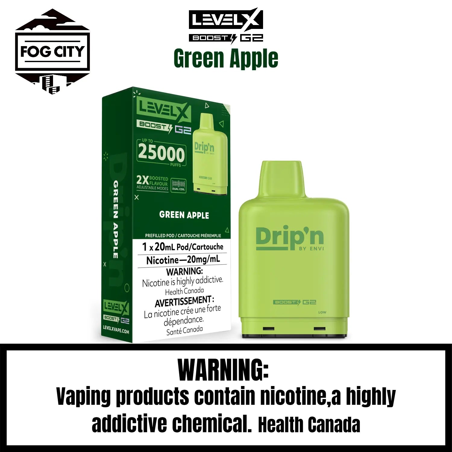 Level X Drip N Boost G2 Pod VAPE Fog City Flavor Green Apple