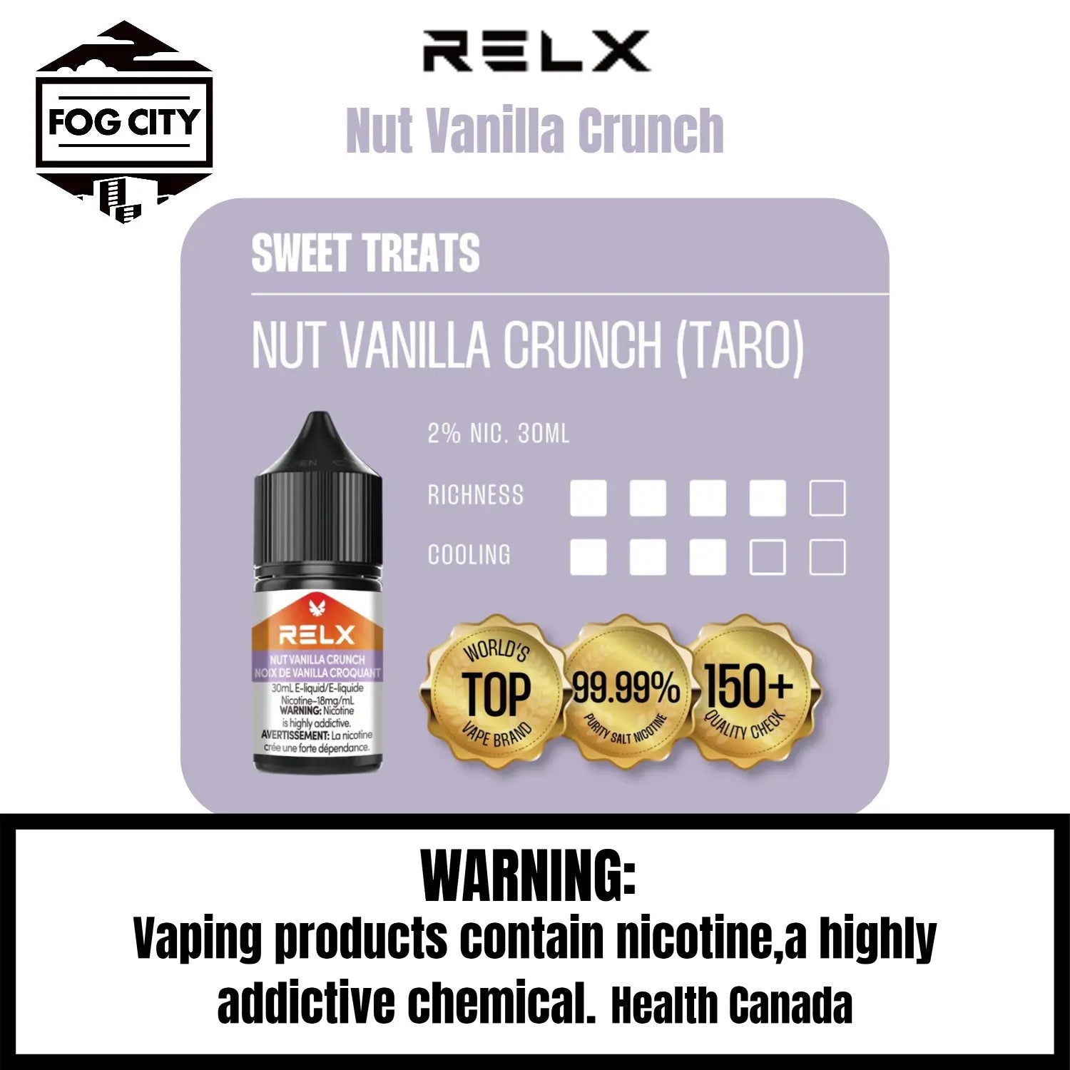 Relx E Liquid VAPE Fog City Flavor Nut Vanilla Crunch
