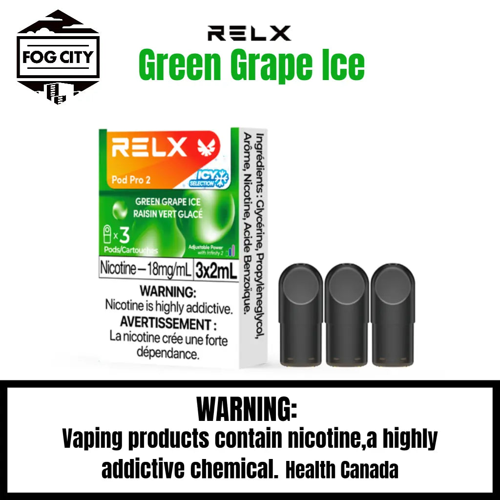 Relx Pod Por 2 Pod System Vape 3 Pods in Box Green Grape Ice Flavor - Variety of Flavors, Easy to Carry, Available at Fog City Vape