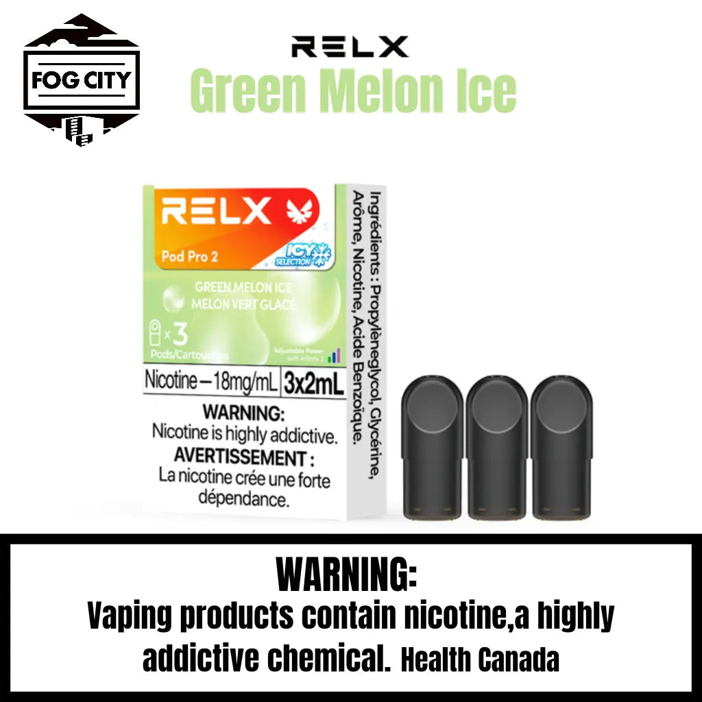 Relx Pod Por 2 Pod System Vape 3 Pods in Box Green Melon Ice Flavor - Variety of Flavors, Easy to Carry, Available at Fog City Vape