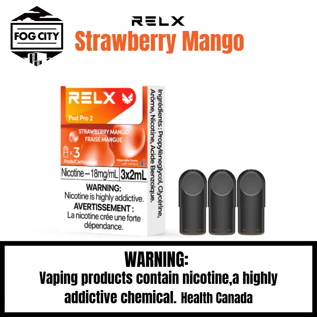 Relx Pod Por 2 Pod System Vape 3 Pods in Box Strawberry Mango Flavor - Variety of Flavors, Easy to Carry, Available at Fog City Vape