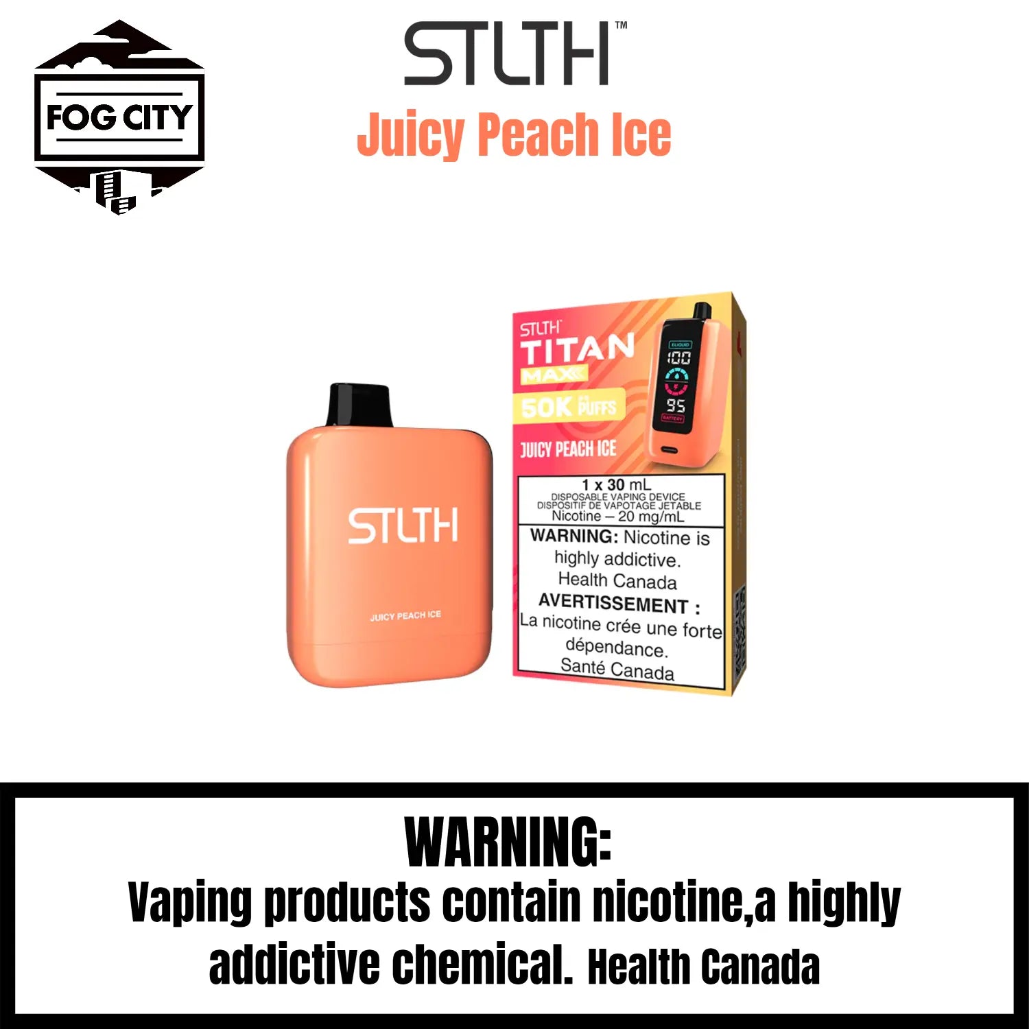 Stlth Titan Max 50k Disposable VAPE Fog City Flavour Juicy Peach Ice
