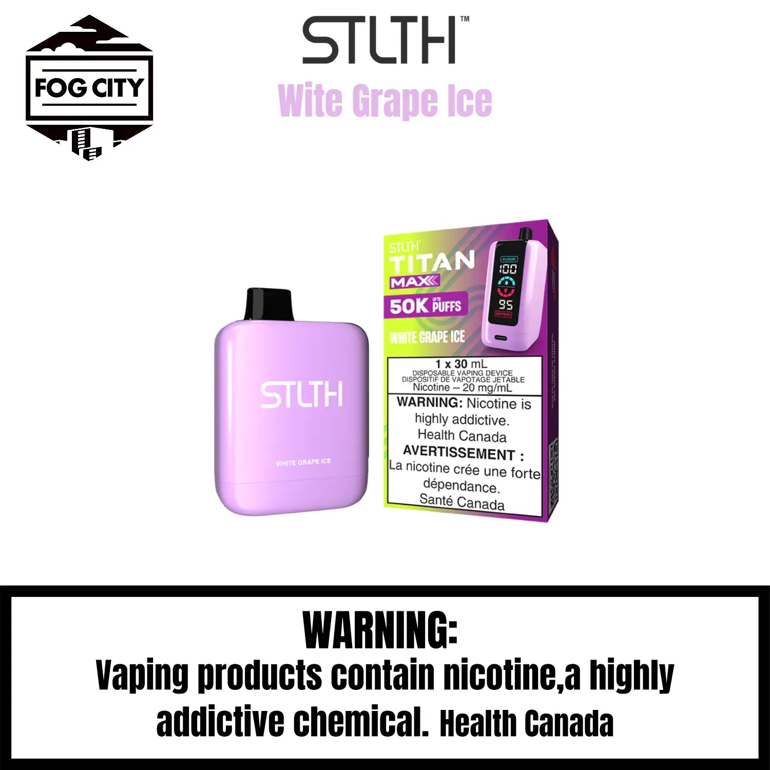 STLTH TITAN MAX 50K Puffs | WHITE GRAPE ICE | LED Display STLTH TITAN MAX 50K Puffs | WHITE GRAPE ICE | LED Display