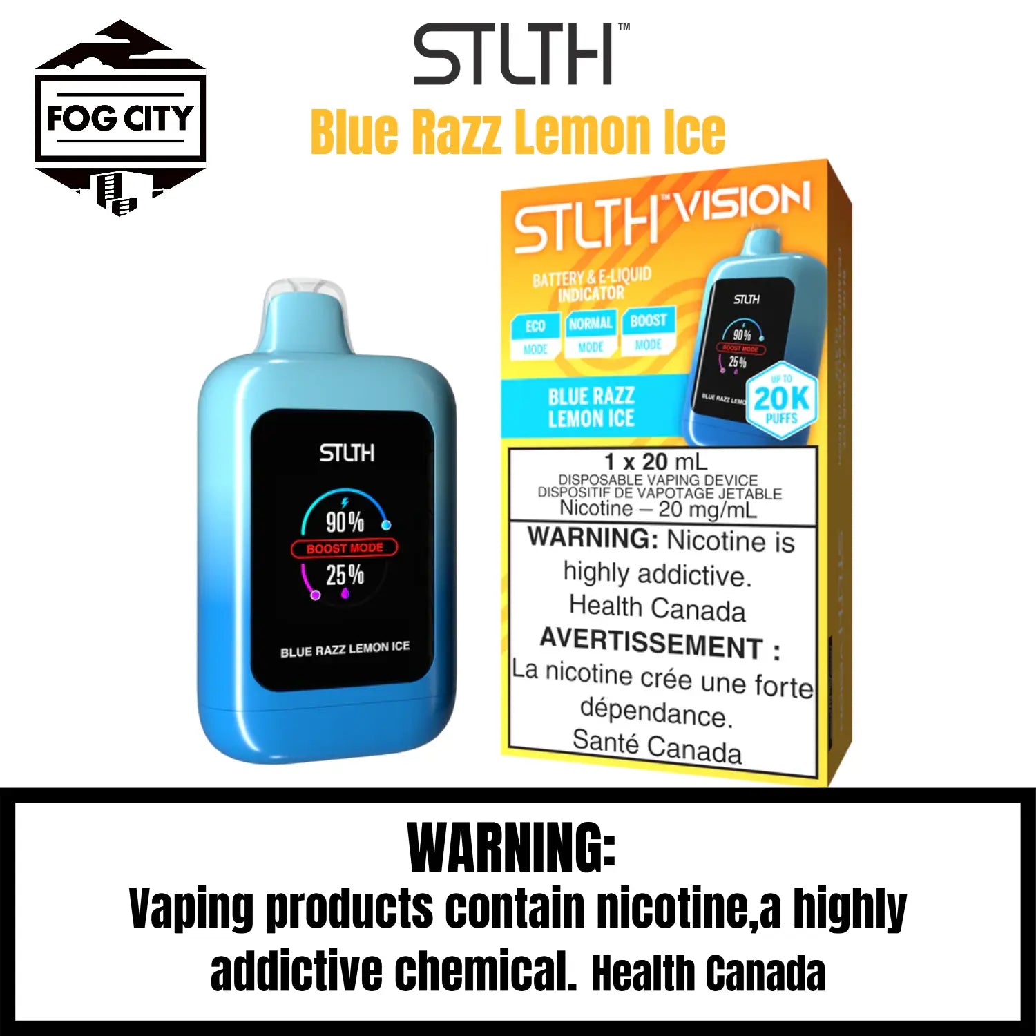 Stlth Vision Disposable VAPE 20k Puffs With Eco Mode Flavor Blue Razz Lemon Ice