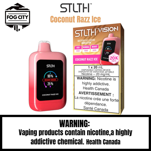 STLTH VISION 20K Puffs with ECO Mode Disposable Vape Coconut Razz Ice Flavor - Cool LED Screen, Rich Fruity Flavor, Available at Fog City Vape