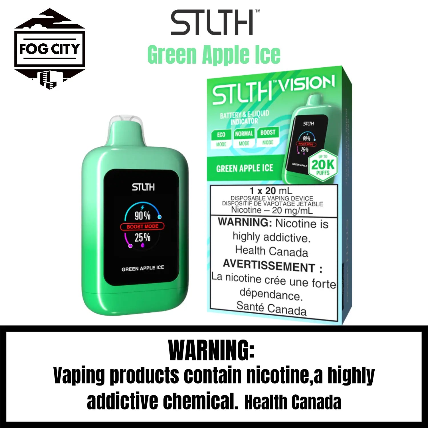 Stlth Vision Disposable VAPE 20k Puffs With Eco Mode Flavor Green Apple Ice