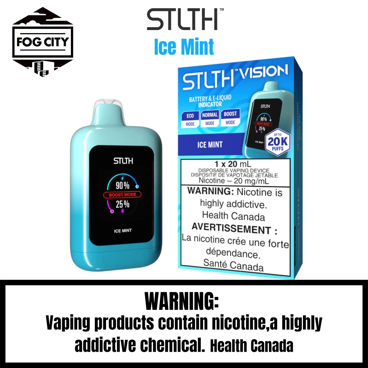 Stlth Vision Disposable VAPE 20k Puffs With Eco Mode Flavor Ice Mint