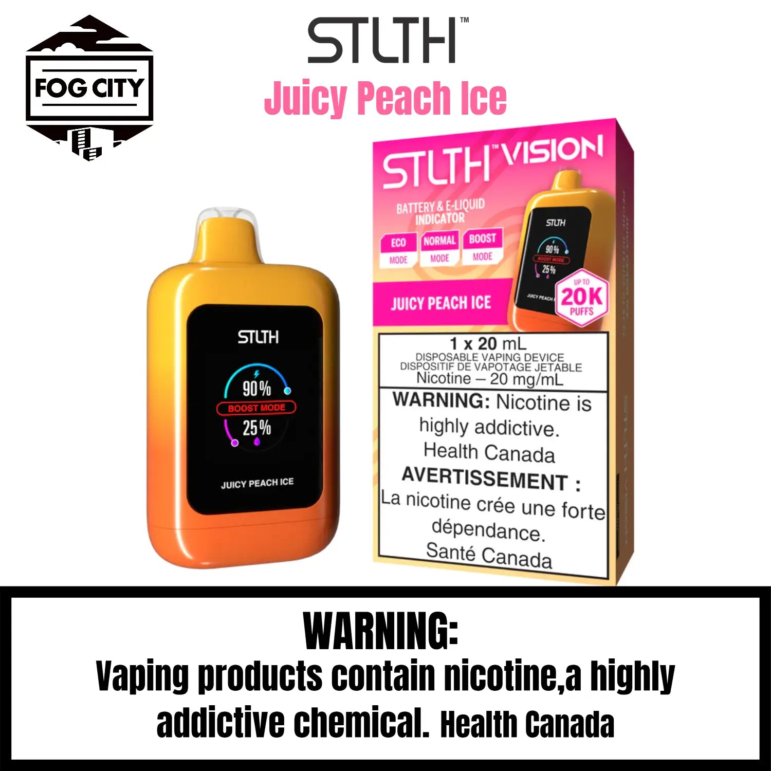 Stlth Vision Disposable VAPE 20k Puffs With Eco Mode Flavor Juicy Peach Ice