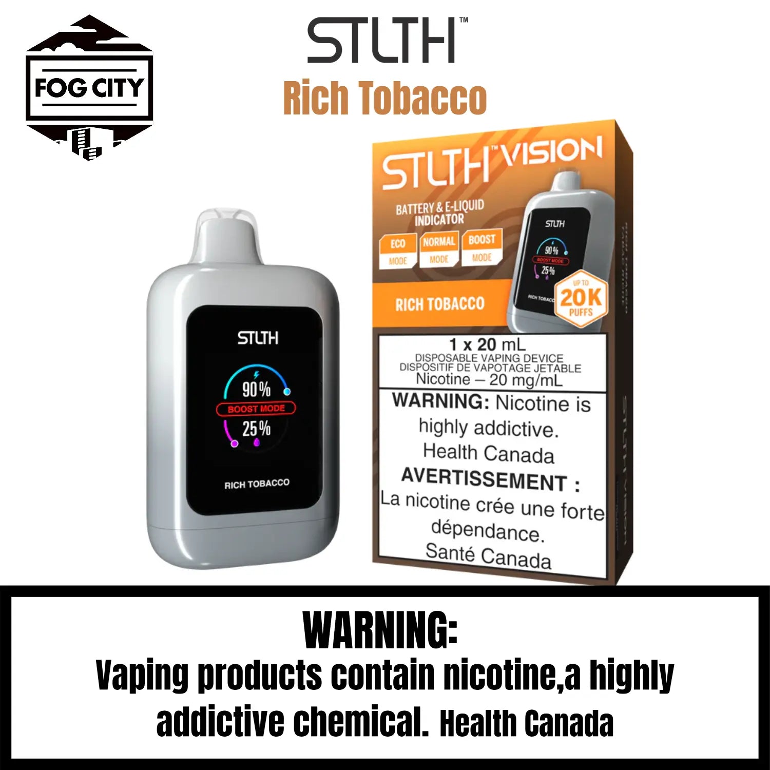 Stlth Vision Disposable VAPE 20k Puffs With Eco Mode Flavor Rich Tobacco