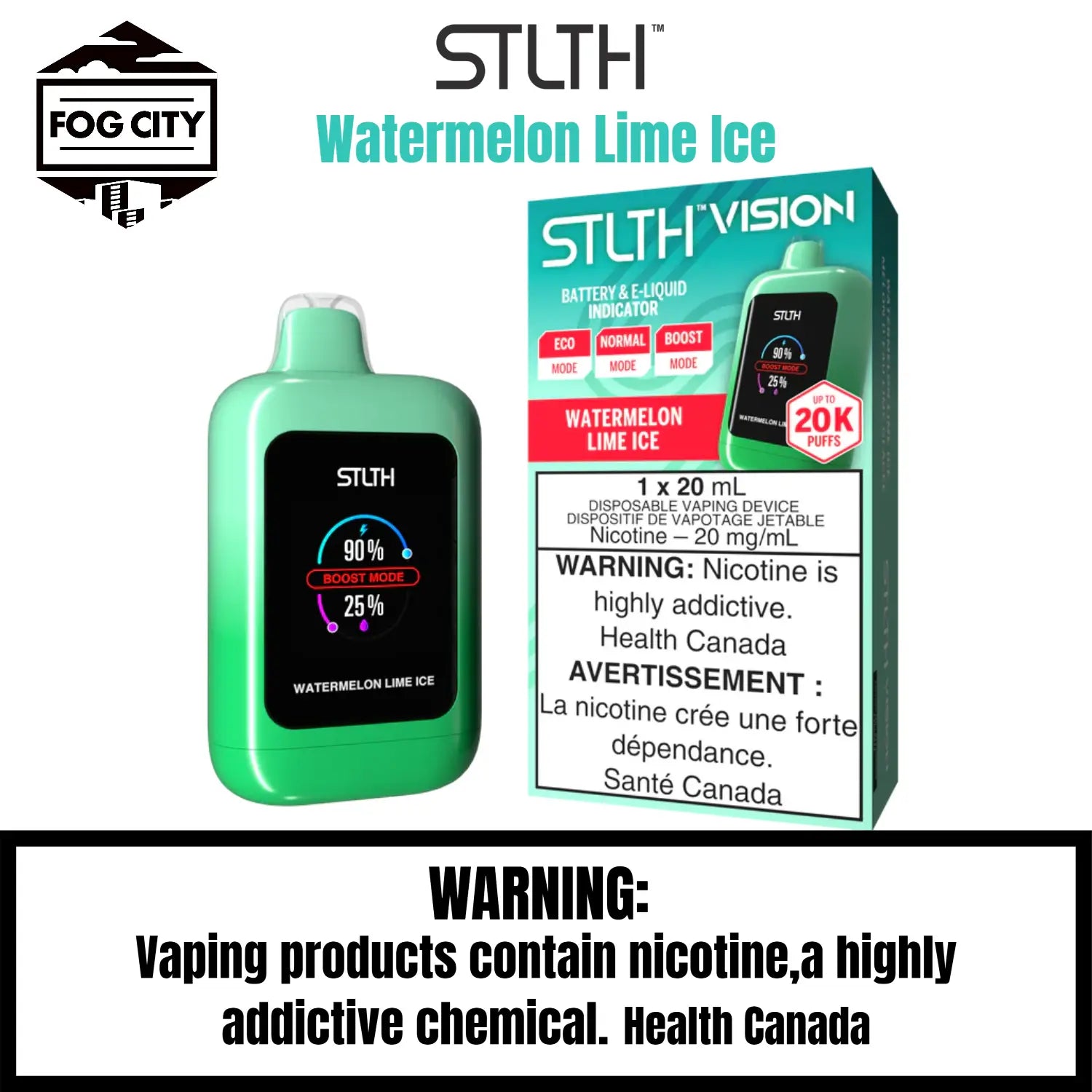 Stlth Vision Disposable VAPE 20k Puffs With Eco Mode Flavor Watermelon Lime Ice