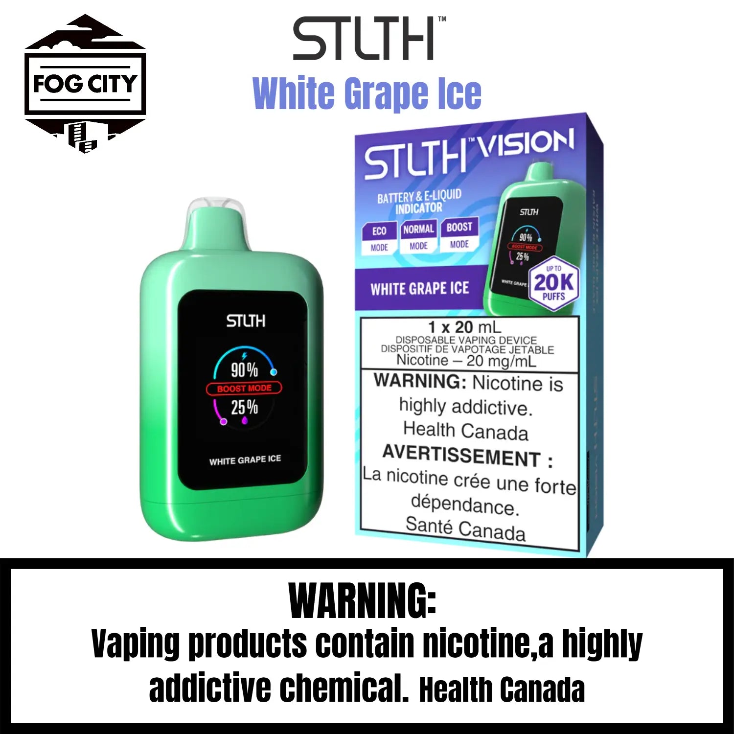Stlth Vision Disposable VAPE 20k Puffs With Eco Mode Flavor White Grapeice