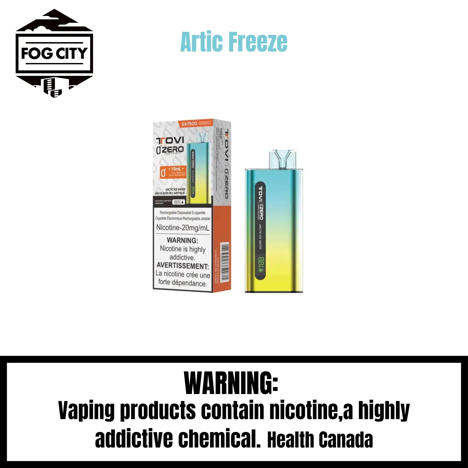 Tovi Zero SA7500 Disposable Vape 7500 Puffs Artic Freeze Flavor - LED Screen with Juice and Battery Display, Icy Cool, Available at Fog City Vape