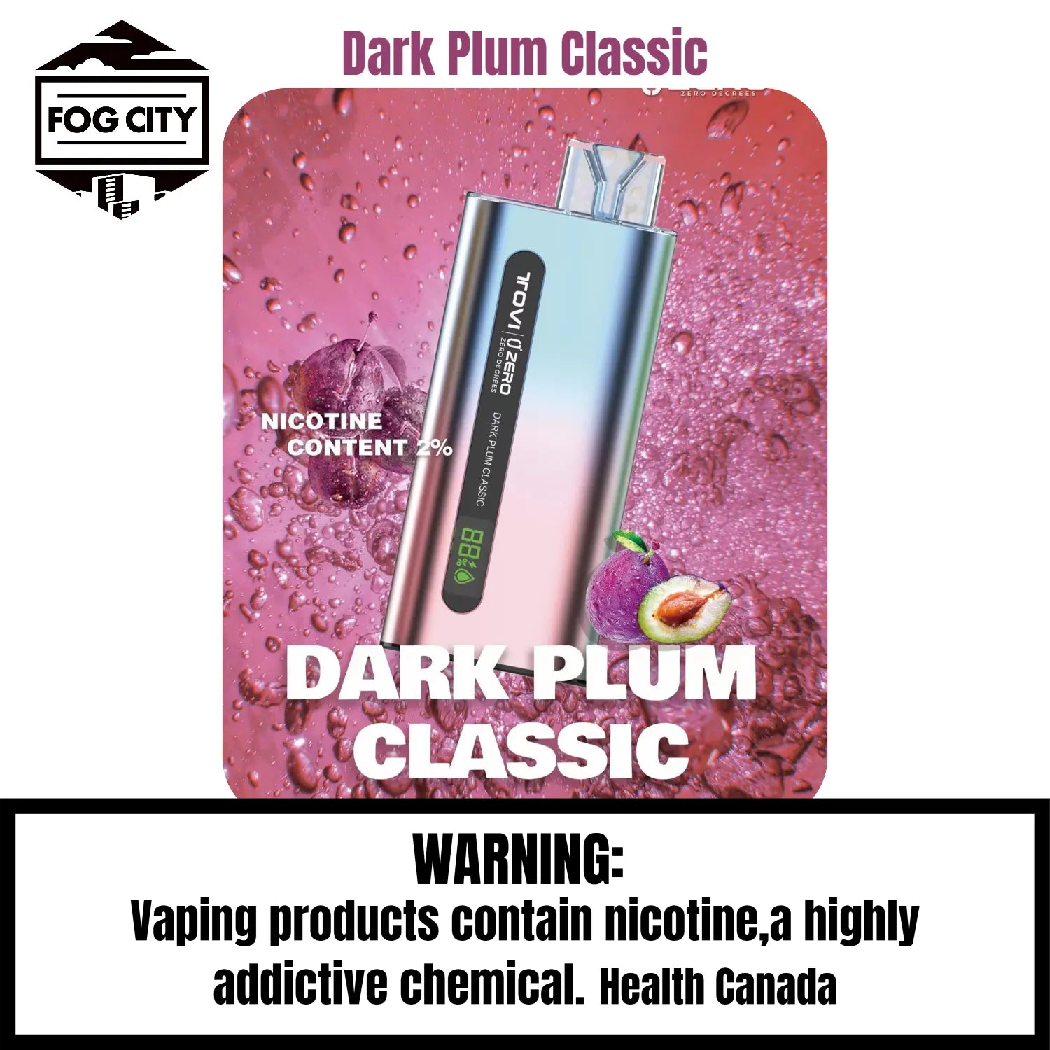 Tovi Zero SA7500 Disposable Vape 7500 Puffs Dark Plum Classic Flavor - LED Screen with Juice and Battery Display, Icy Cool, Available at Fog City Vape