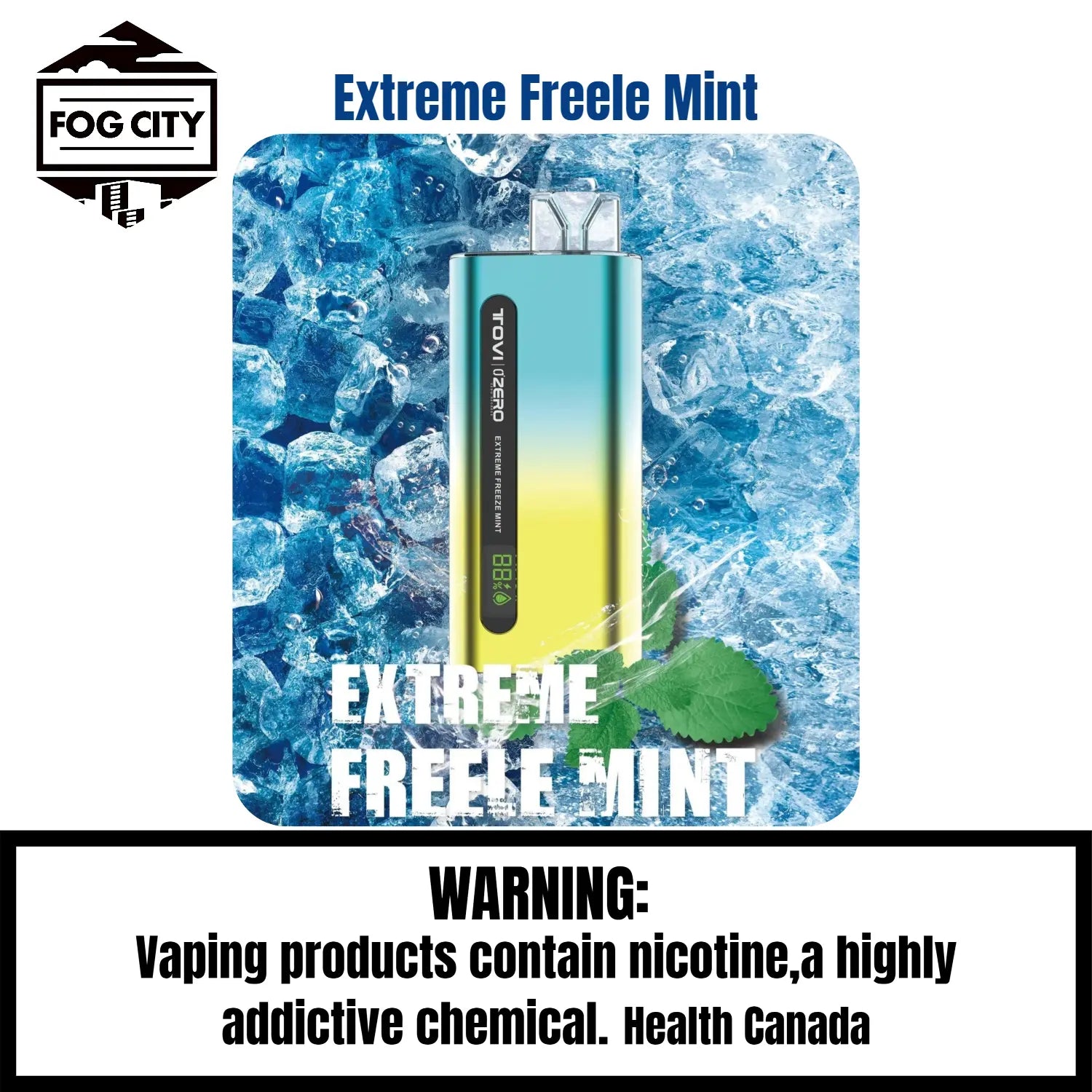 Tovi Zero SA7500 Disposable Vape 7500 Puffs Extreme Freele Mint Flavor - LED Screen with Juice and Battery Display, Icy Cool, Available at Fog City Vape