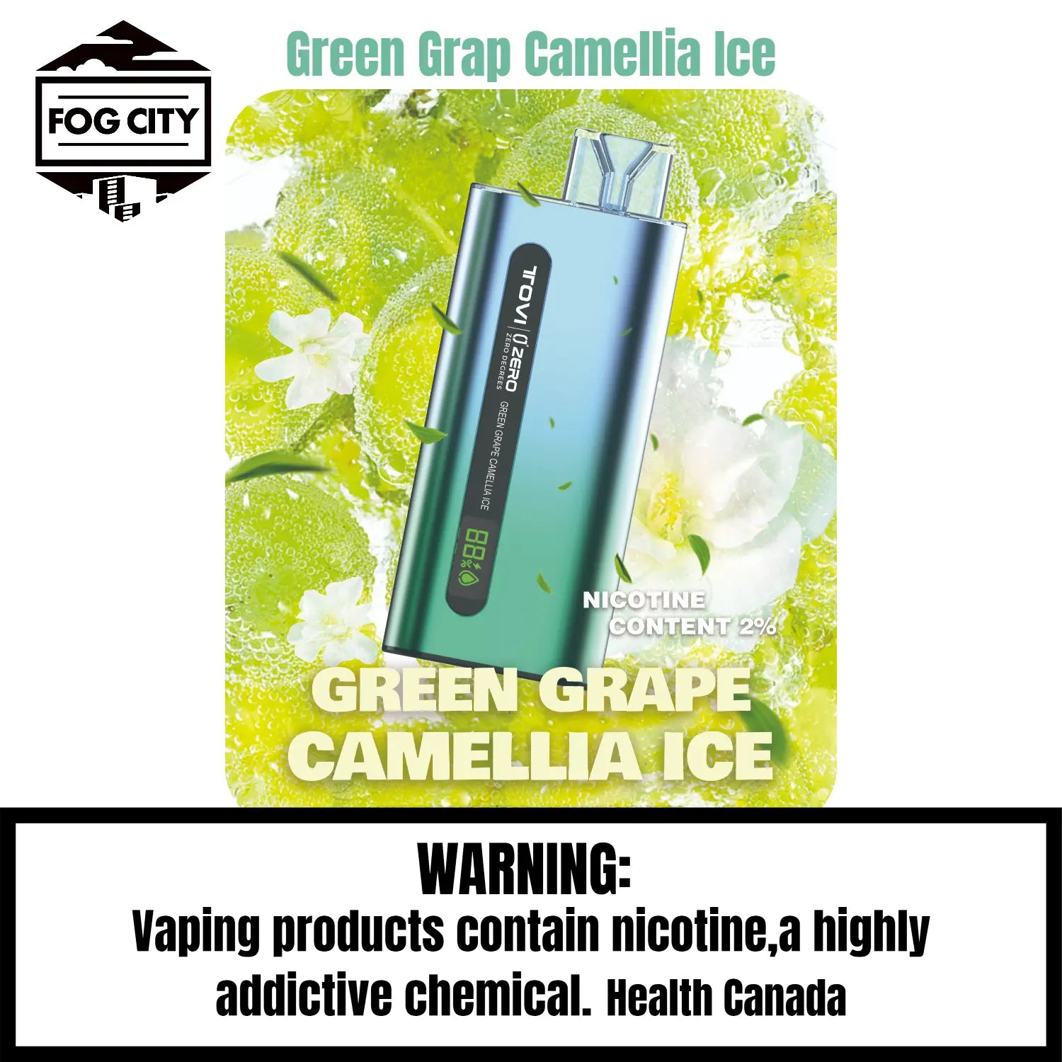 Tovi Zero SA7500 Disposable Vape 7500 Puffs Green Grap Camellia Ice Flavor - LED Screen with Juice and Battery Display, Icy Cool, Available at Fog City Vape