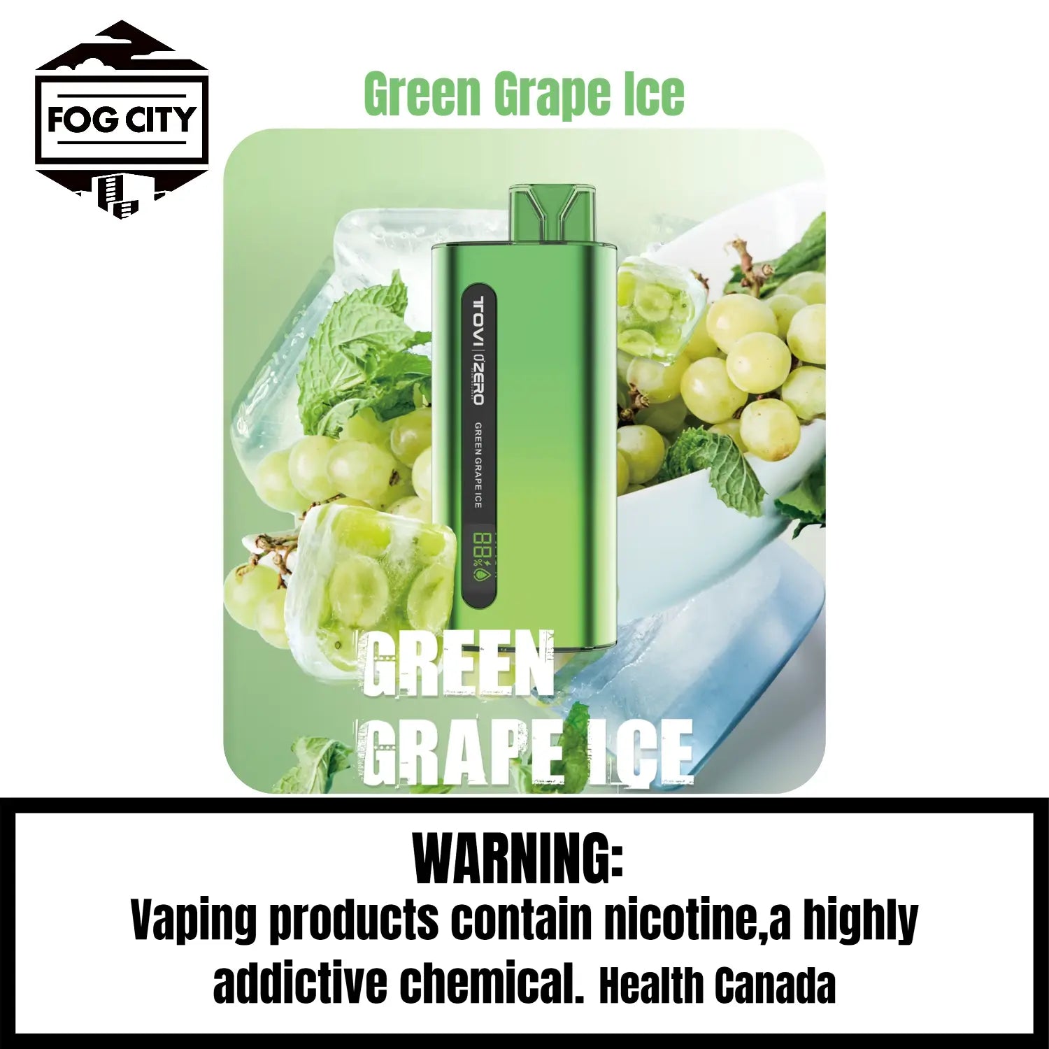 Tovi Zero SA7500 Disposable Vape 7500 Puffs Green Grape Ice Flavor - LED Screen with Juice and Battery Display, Icy Cool, Available at Fog City Vape