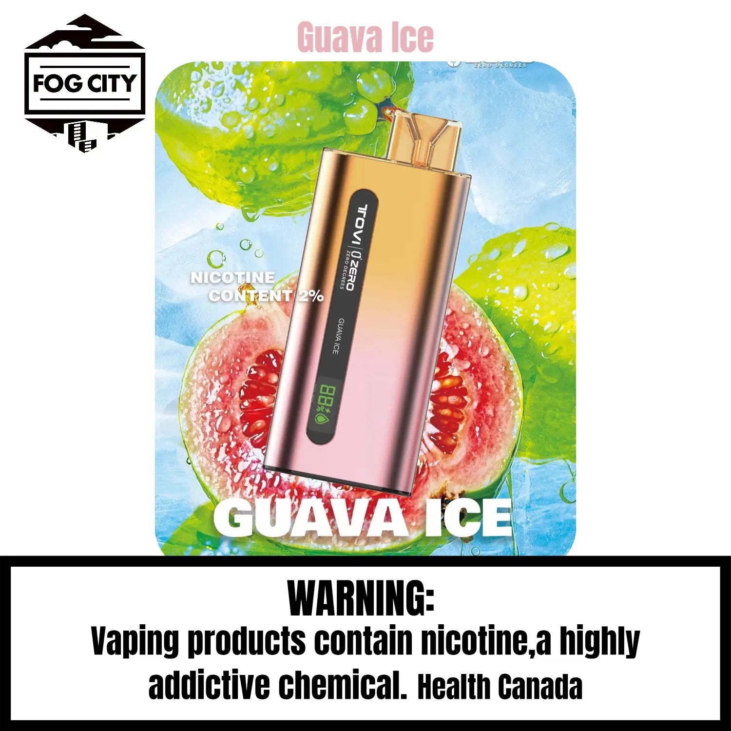 Tovi Zero SA7500 Disposable Vape 7500 Puffs Guava Ice Flavor - LED Screen with Juice and Battery Display, Icy Cool, Available at Fog City Vape