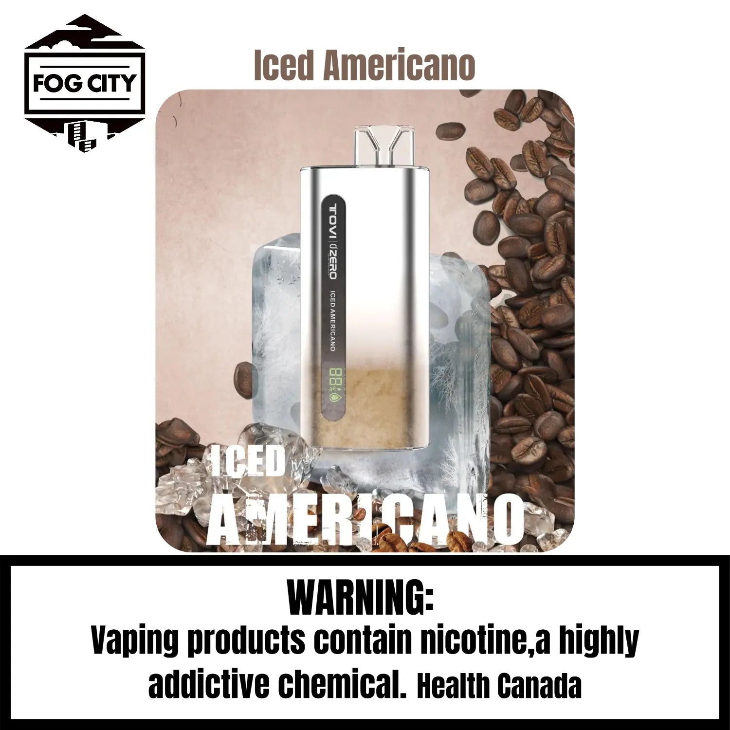 Tovi Zero SA7500 Disposable Vape 7500 Puffs Iced Americano Flavor - LED Screen with Juice and Battery Display, Icy Cool, Available at Fog City Vape