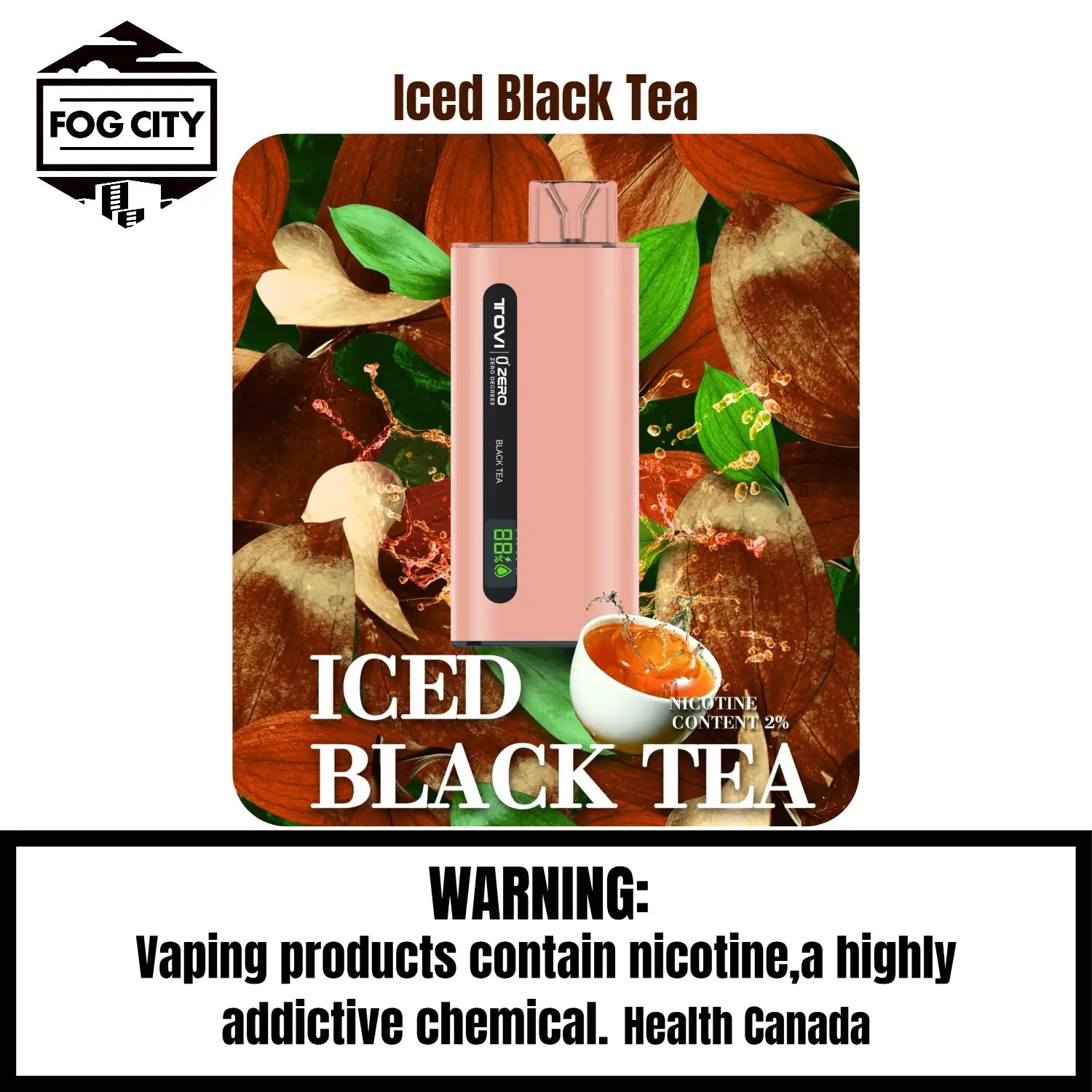 Tovi Zero SA7500 Disposable Vape 7500 Puffs Iced Black Tea Flavor - LED Screen with Juice and Battery Display, Icy Cool, Available at Fog City Vape