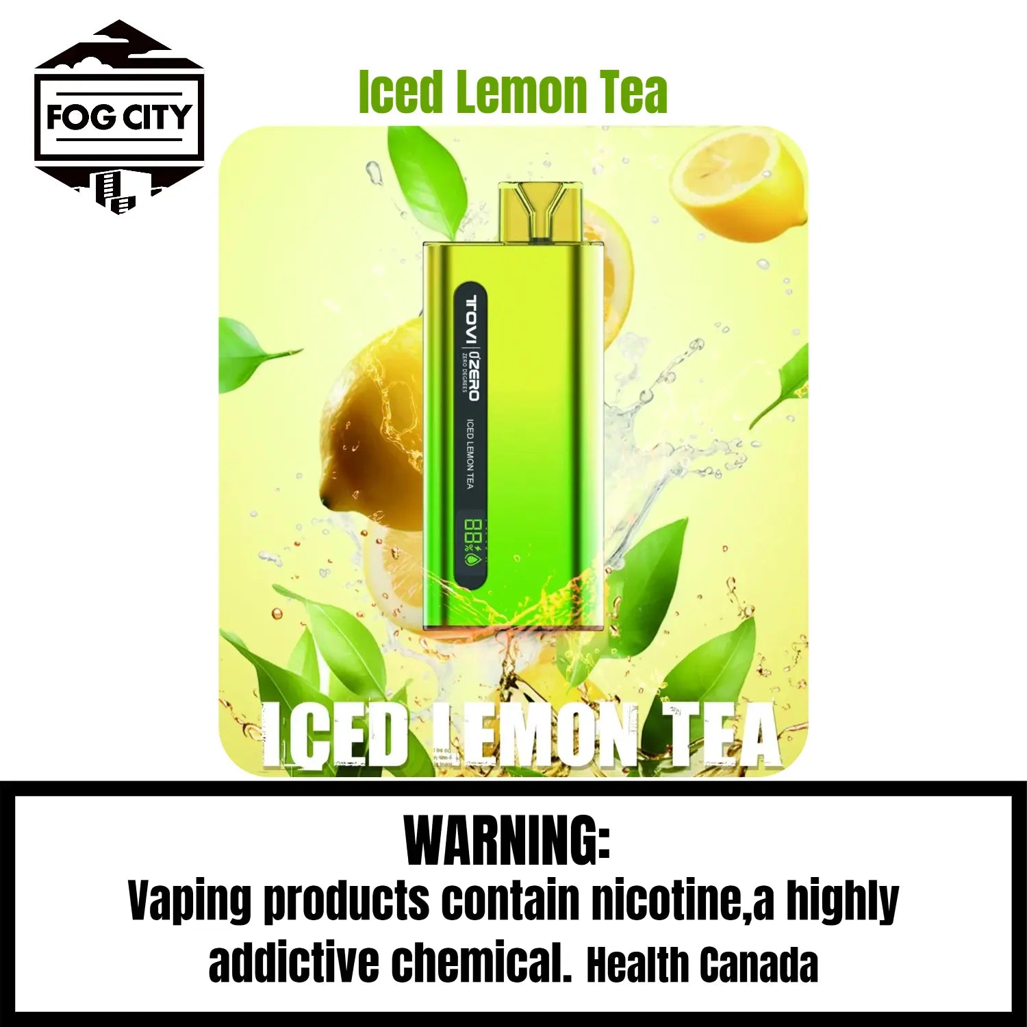 Tovi Zero SA7500 Disposable Vape 7500 Puffs Iced Lemon Tea Flavor - LED Screen with Juice and Battery Display, Icy Cool, Available at Fog City Vape