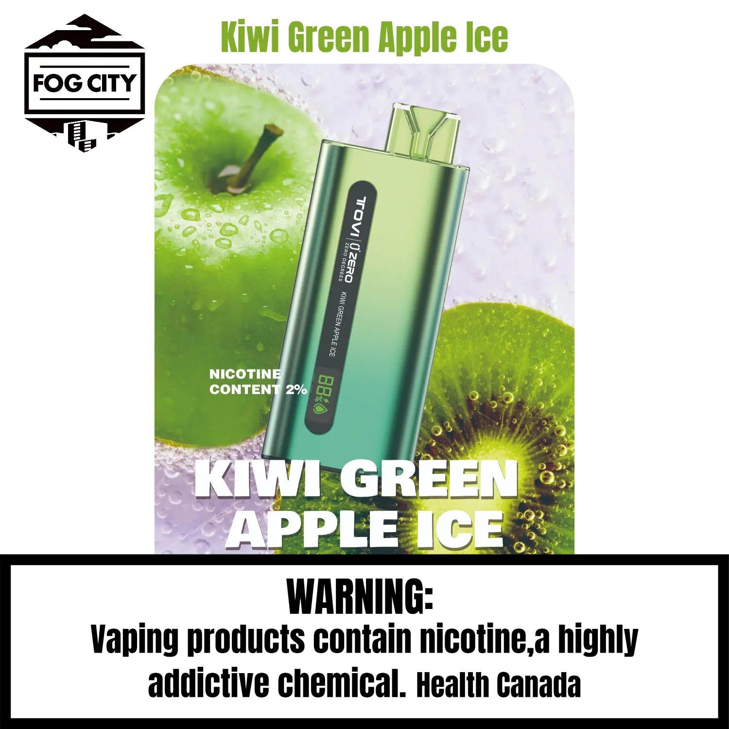 Tovi Zero SA7500 Disposable Vape 7500 Puffs Kiwi Green Apple Ice Flavor - LED Screen with Juice and Battery Display, Icy Cool, Available at Fog City Vape